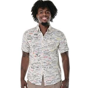 Bohio Men's Linen Short Sleeve ButtonDown Shirt Cocktails Drinks Print Ivory LG
